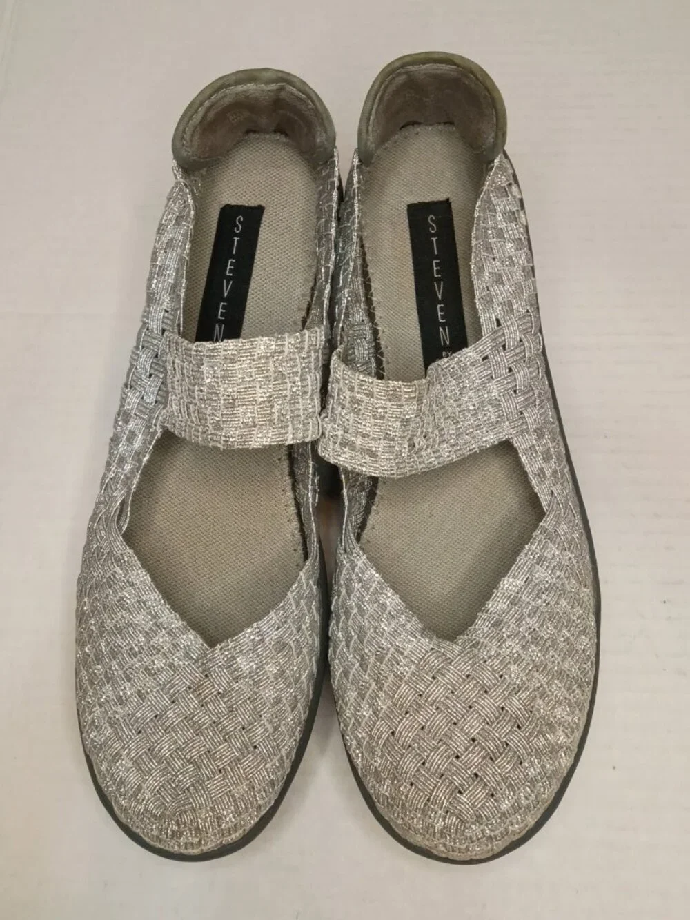 Steven by Steve Madden Brice Silver Woven Mary Jane Wedges Women's Size 9